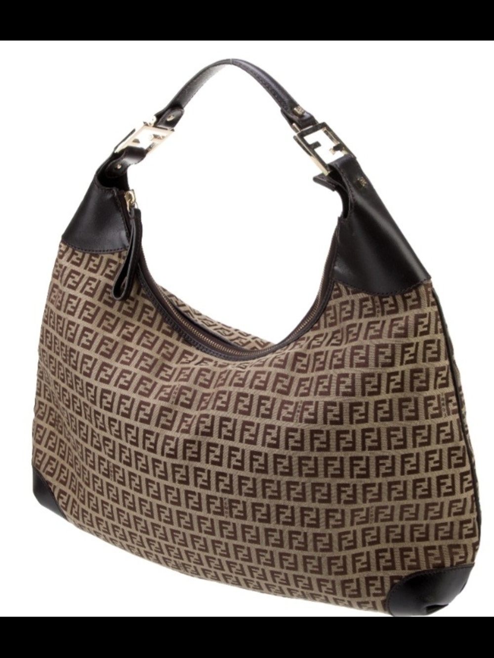 Authentic Fendi Brown Zucca Logo Canvas Hobo with Dark Brown Leather Trim